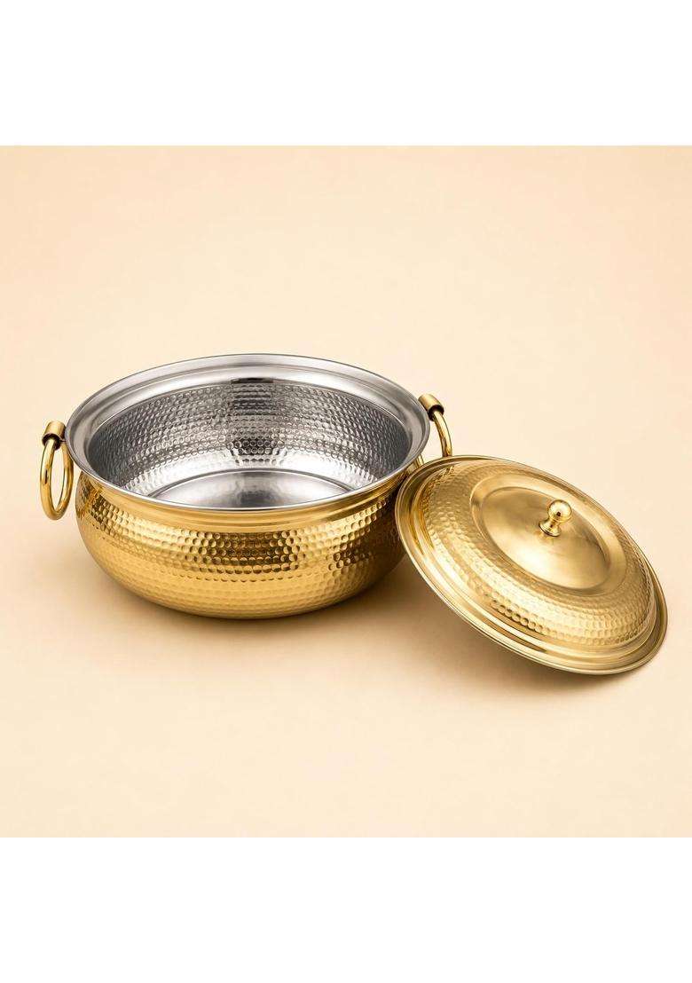 SHIV SHAKTI ARTS Brass Mughlai Lagan Handi with Lid and Ring Handles | 2 L | 2.1 Qt | Hammered Finish - Indya