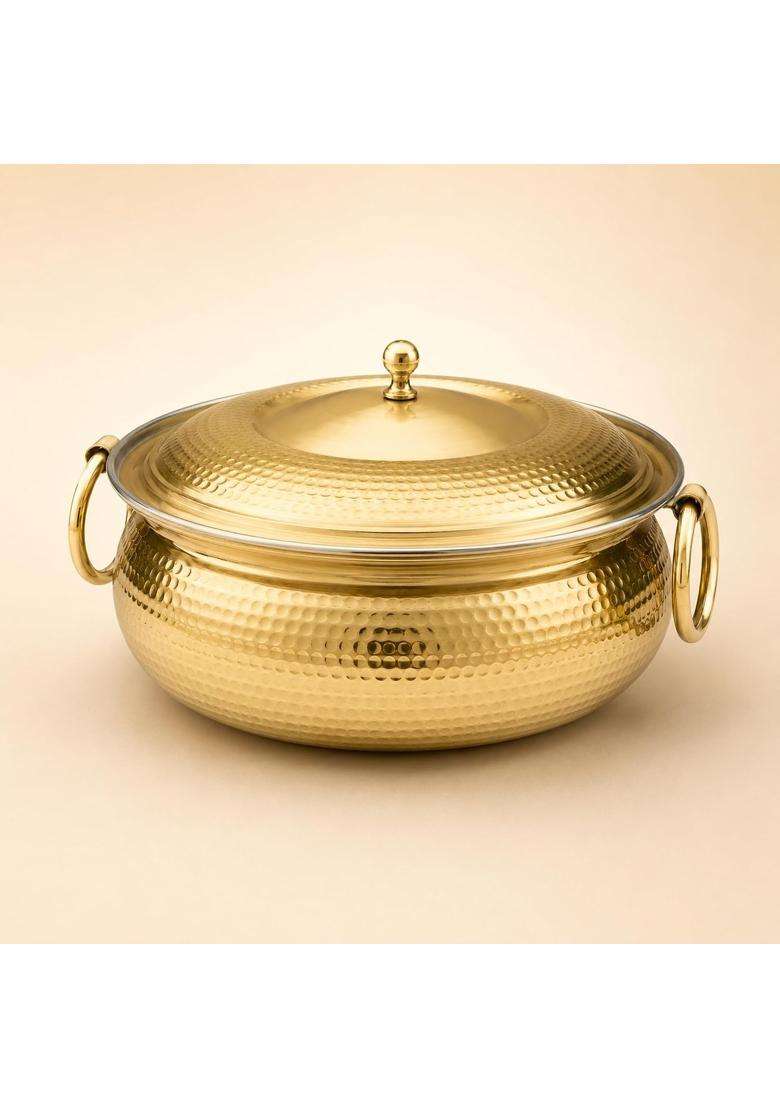 SHIV SHAKTI ARTS Brass Mughlai Lagan Handi with Lid and Ring Handles | 2 L | 2.1 Qt | Hammered Finish - Indya