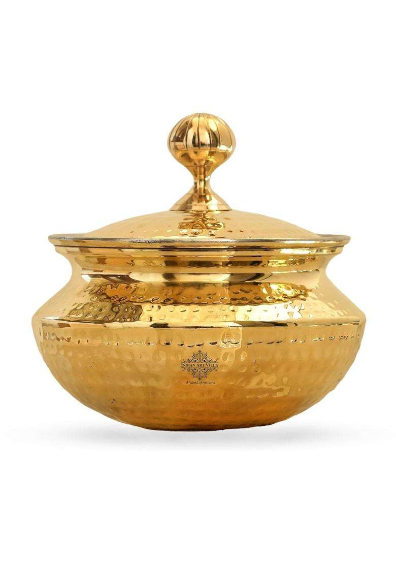INDIAN ART VILLA Brass Handi Cooking Pot for Cooking with Tin Lining Inside | 2 L | 2.1 Qt - Indya