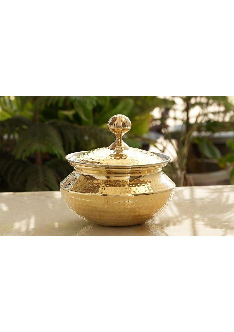 INDIAN ART VILLA Brass Handi Cooking Pot for Cooking with Tin Lining Inside | 2 L | 2.1 Qt - Indya