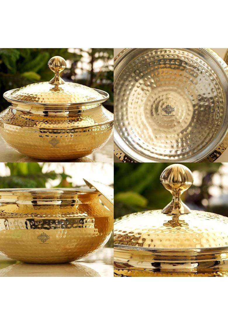 INDIAN ART VILLA Brass Handi Cooking Pot for Cooking with Tin Lining Inside | 2 L | 2.1 Qt - Indya