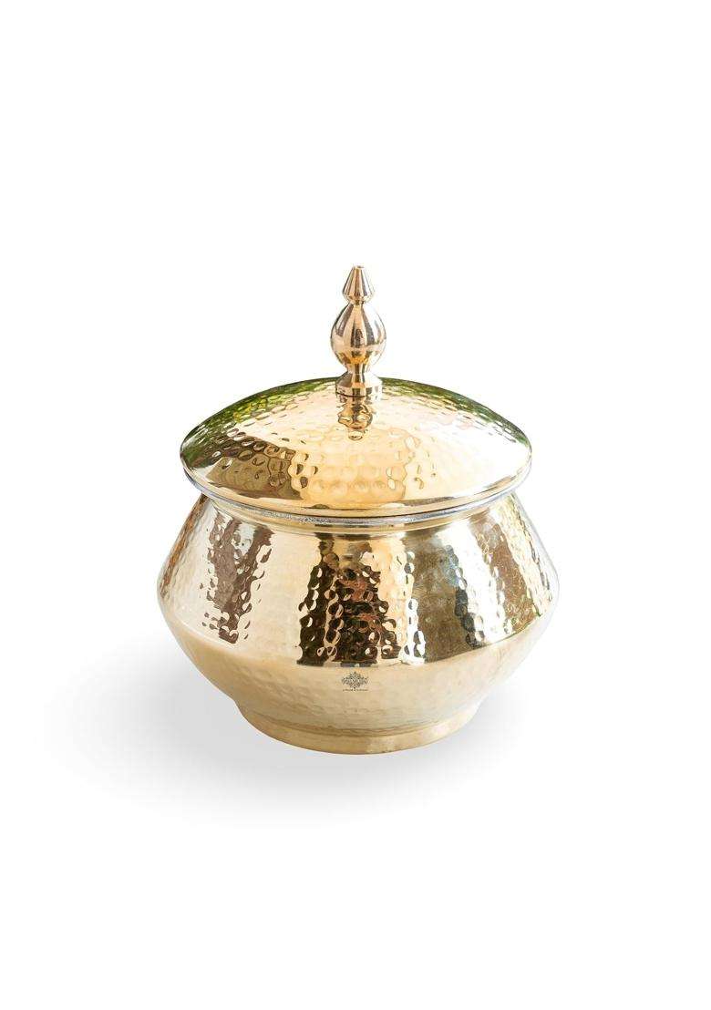 INDIAN ART VILLA Brass Hammered Design Handi Cooking Pot with Lid and Tin Lining for Cooking Biryani | 2.5 L | 2.6 Qt - Indya