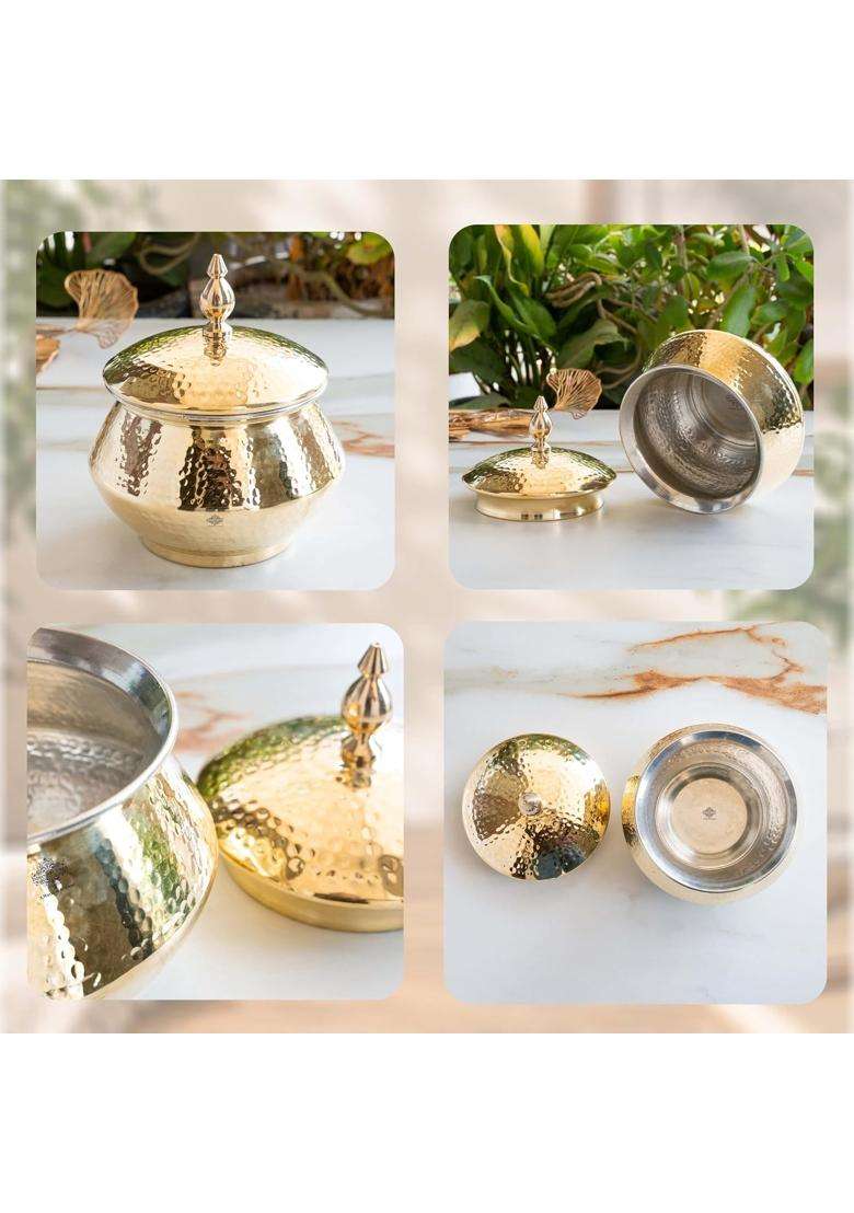 INDIAN ART VILLA Brass Hammered Design Handi Cooking Pot with Lid and Tin Lining for Cooking Biryani | 2.5 L | 2.6 Qt - Indya