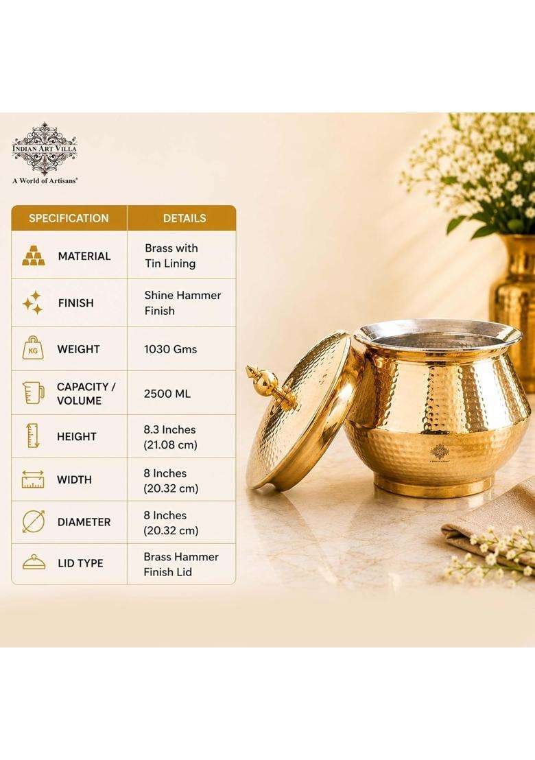 INDIAN ART VILLA Brass Hammered Design Handi Cooking Pot with Lid and Tin Lining for Cooking Biryani | 2.5 L | 2.6 Qt - Indya