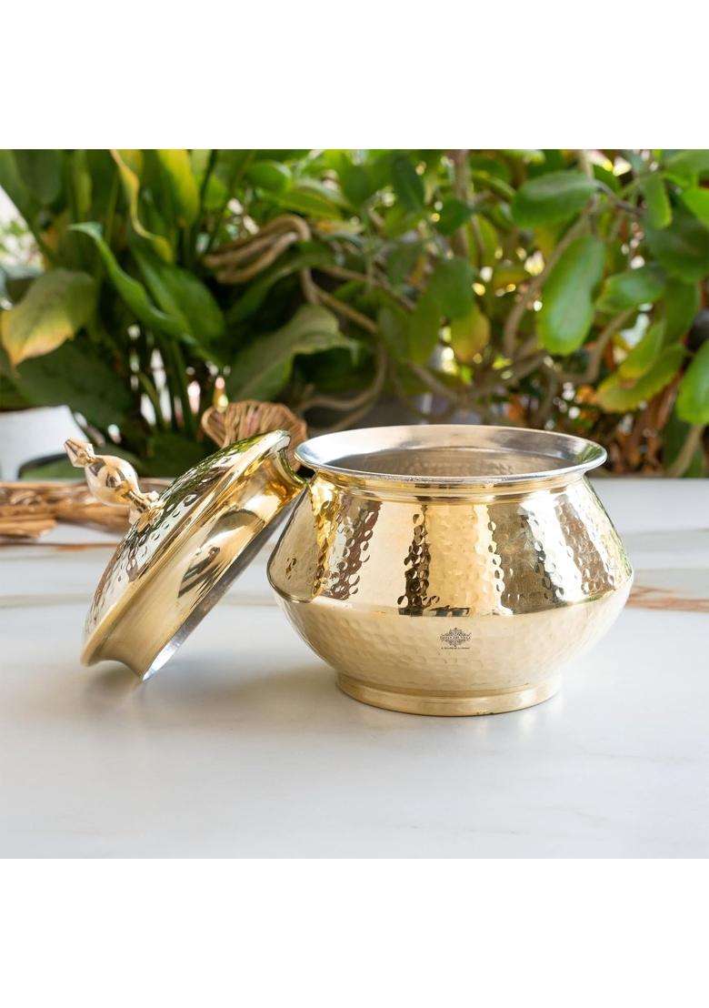INDIAN ART VILLA Brass Hammered Design Handi Cooking Pot with Lid and Tin Lining for Cooking Biryani | 2.5 L | 2.6 Qt - Indya