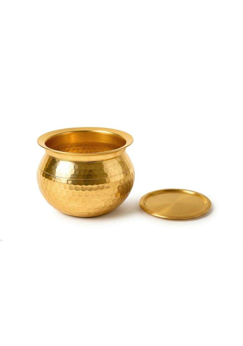 SHAAN mfg. Pure Brass Handi with Lid | 1 L | 1.1 Qt | Hammered Finish - Indya