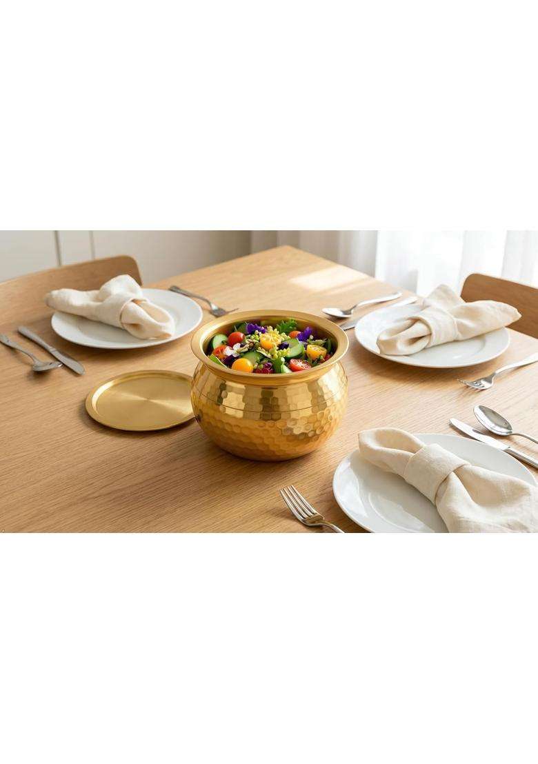 SHAAN mfg. Pure Brass Handi with Lid | 1 L | 1.1 Qt | Hammered Finish - Indya
