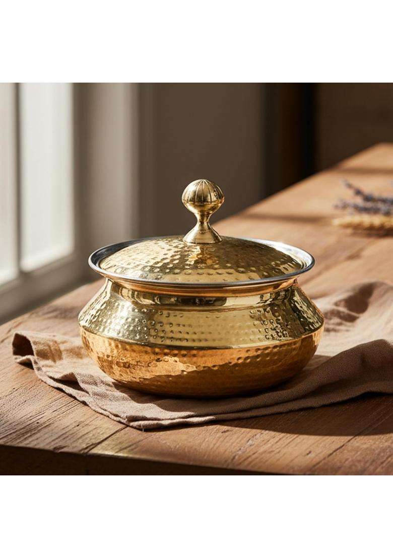 Artarium Pure Brass Patili Cooking Pot with Lid Hammered Shinny Finish Degchi with Handles Premium | 3.5 L | 3.7 Qt - Indya