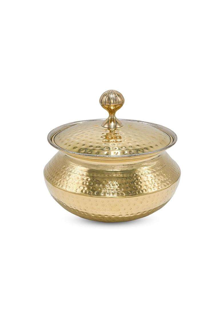 Artarium Pure Brass Patili Cooking Pot with Lid Hammered Shinny Finish Degchi with Handles Premium | 3.5 L | 3.7 Qt - Indya