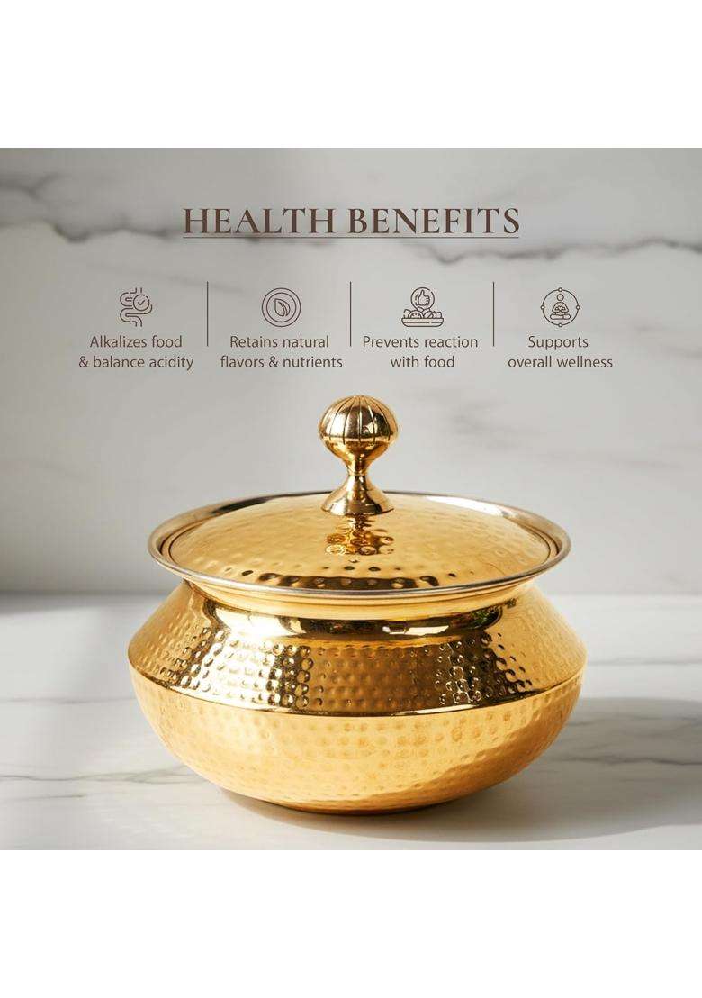 Artarium Pure Brass Patili Cooking Pot with Lid Hammered Shinny Finish Degchi with Handles Premium | 3.5 L | 3.7 Qt - Indya