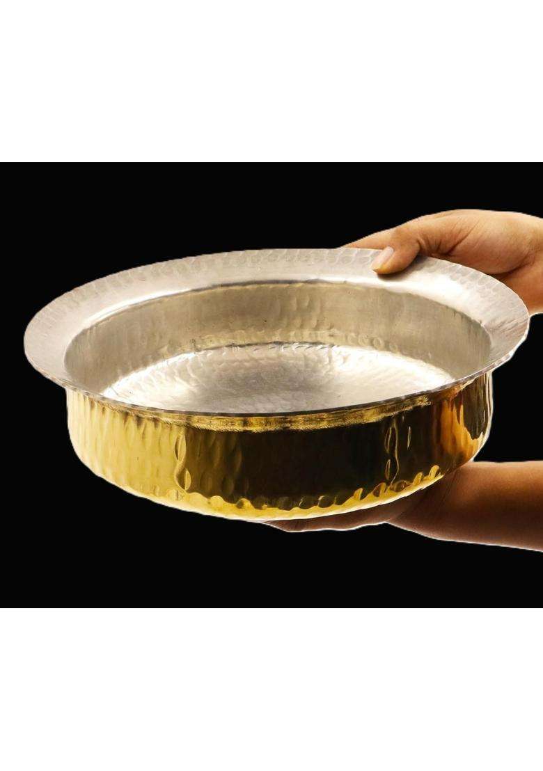 SHAAN mfg. Shaan Mfg Brass Lagan Handi Cooking Pot for Cooking | 2 L | 2.1 Qt | Heavy Bottom | Tin Lined Kalai | Hammered Finish - Indya