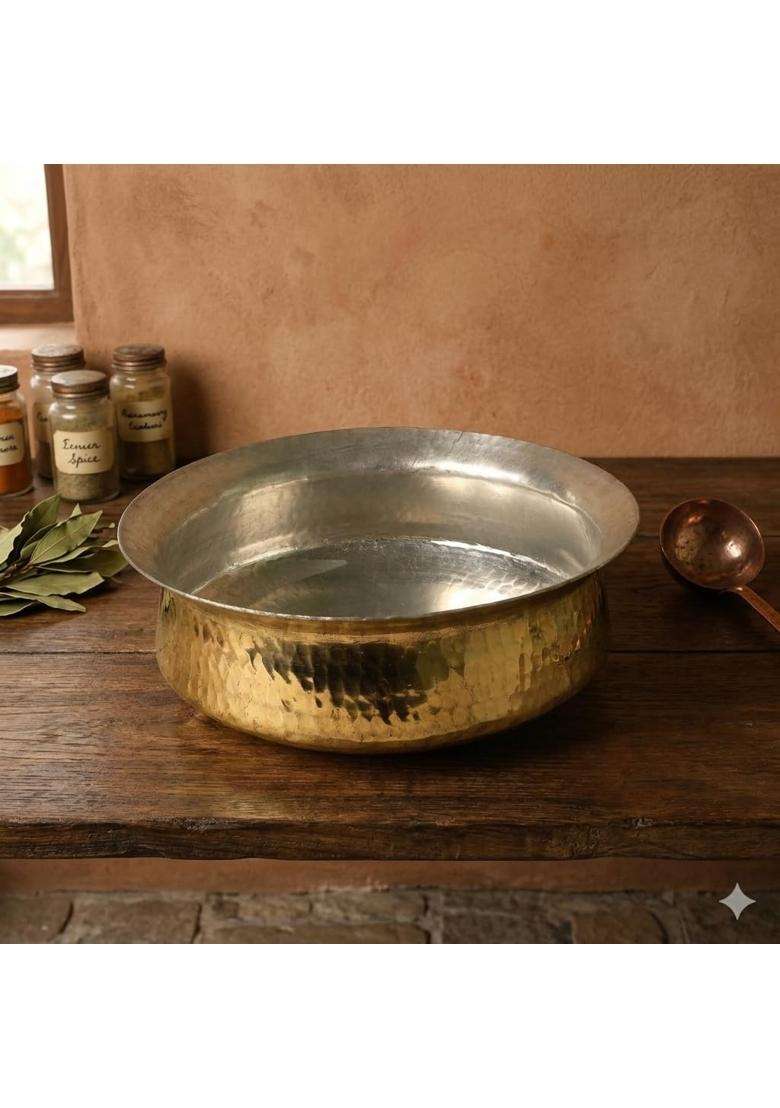 SHAAN mfg. Brass Lagan Handi Cooking Pot for Cooking | 2000 ml | 67.6 fl oz | Heavy Bottom | Tin Lined Kalai | Hammered Finish - Indya