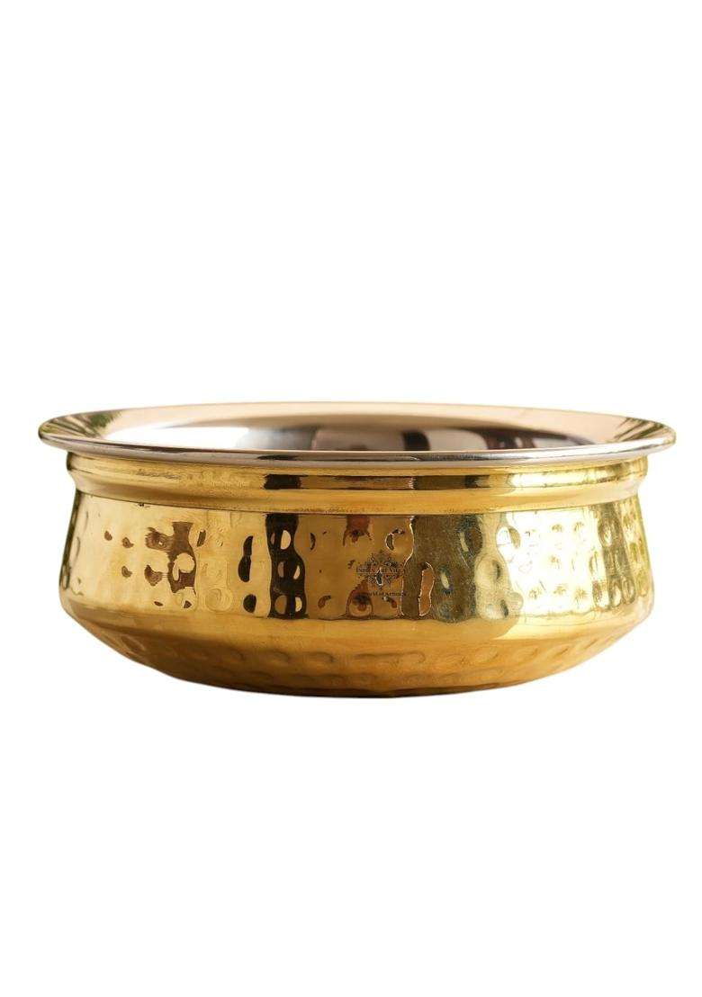 INDIAN ART VILLA Steel Brass Handi Cooking Pot with Hammered Design | 0.5 L | 0.5 Qt - Indya
