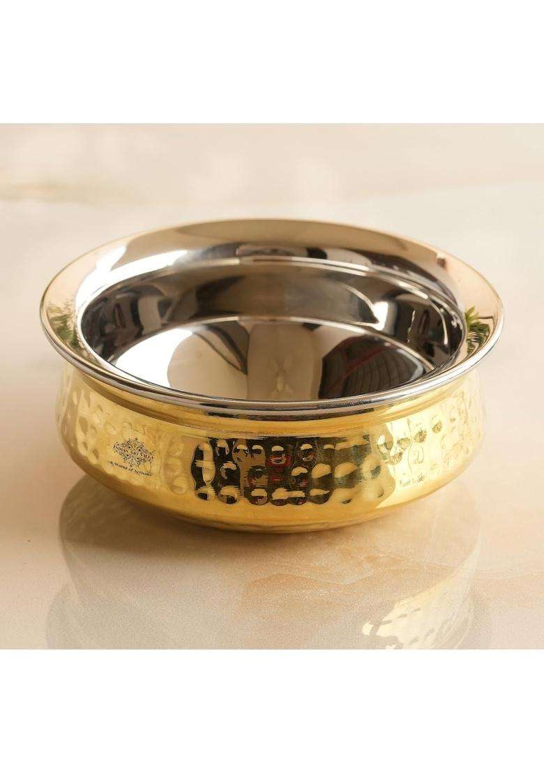 INDIAN ART VILLA Steel Brass Handi Cooking Pot with Hammered Design | 0.5 L | 0.5 Qt - Indya