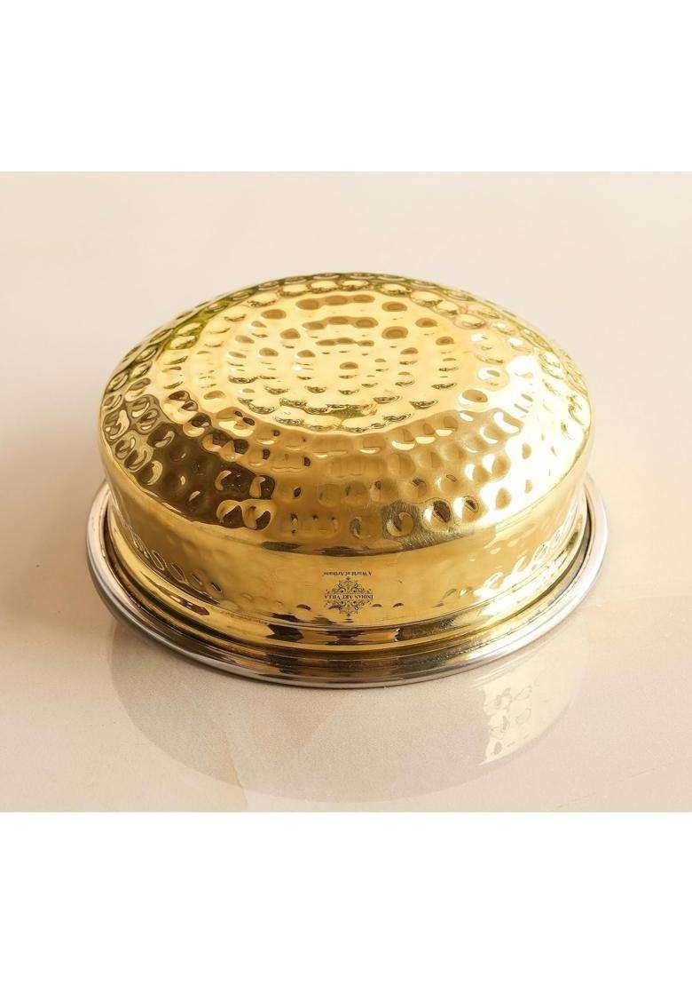 INDIAN ART VILLA Steel Brass Handi Cooking Pot with Hammered Design | 0.5 L | 0.5 Qt - Indya