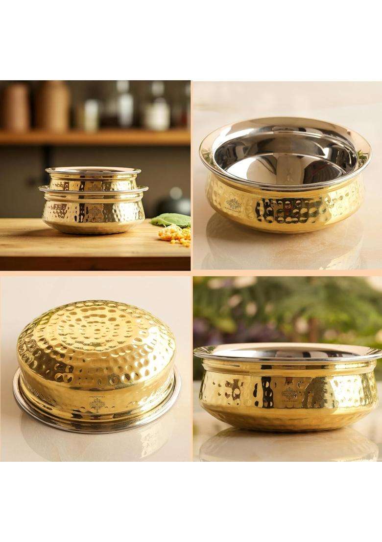 INDIAN ART VILLA Steel Brass Handi Cooking Pot with Hammered Design | 0.5 L | 0.5 Qt - Indya