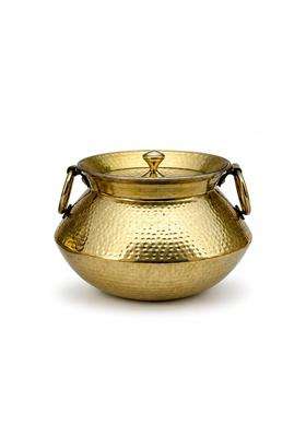 SHIV SHAKTI ARTS Vintage-Style Brass Mughlai Deg Handi with Lid and Ring Handles | 3.5 L | 3.7 Qt | Hammered Finish