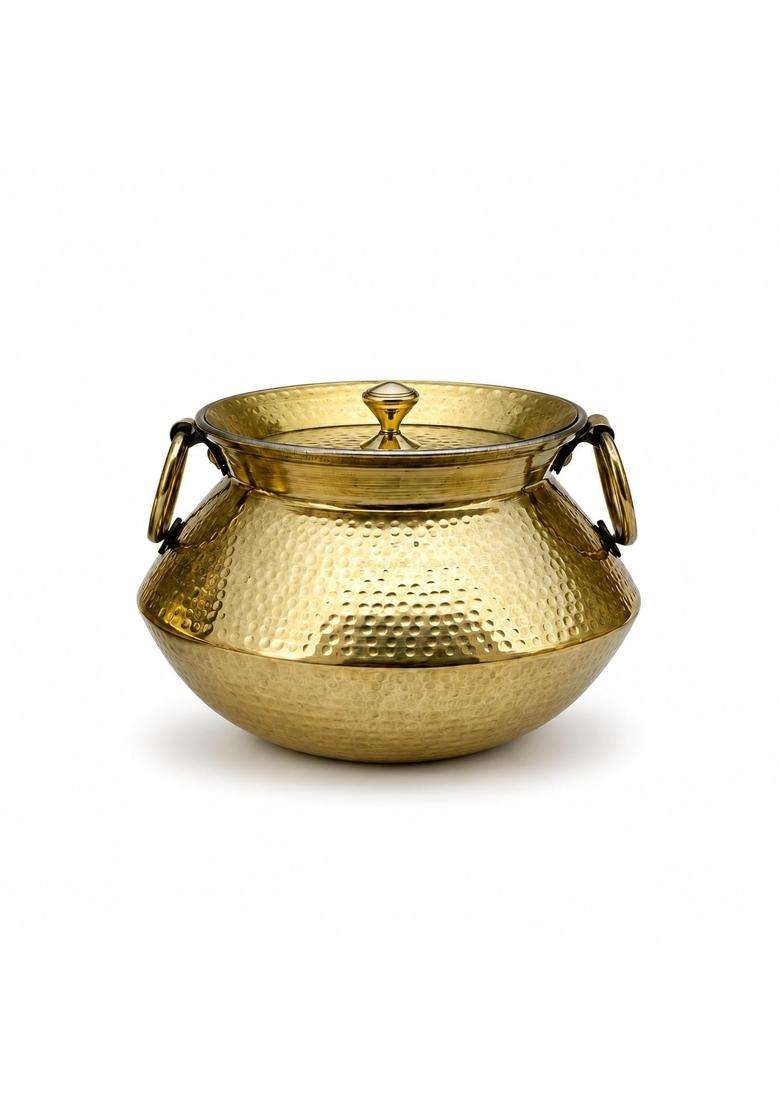 SHIV SHAKTI ARTS Vintage-Style Brass Mughlai Deg Handi with Lid and Ring Handles | 3.5 L | 3.7 Qt | Hammered Finish - Indya