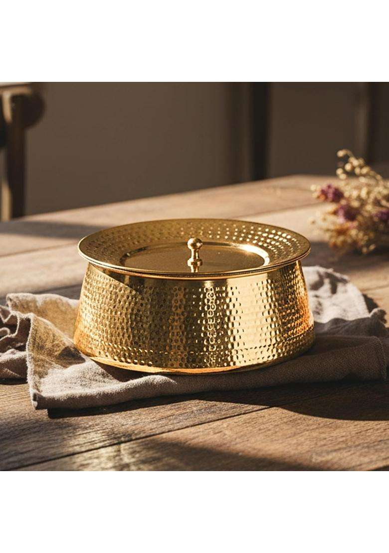 Artarium Pure Brass Lagaan Tin Coated Hammered with Lid Handcrafted Harmless Premium | 4 L | 4.2 Qt | Tin Lined Kalai - Indya