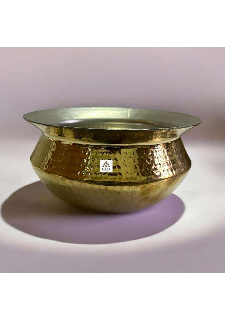 KITCHEN NEXT Brass Handi Cooking Pot Sipri with Hammered Shinny Finish for Cooking and Serving | 3 L | 3.2 Qt - Indya