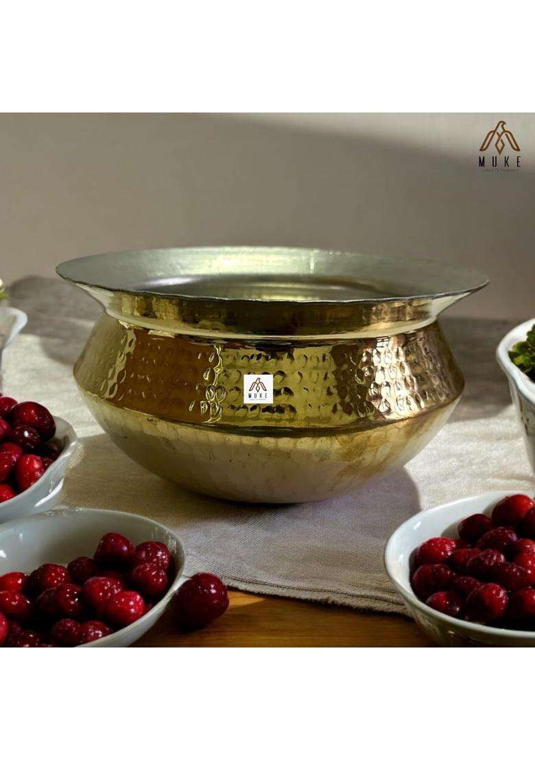 KITCHEN NEXT Brass Handi Cooking Pot Sipri with Hammered Shinny Finish for Cooking and Serving | 3 L | 3.2 Qt - Indya