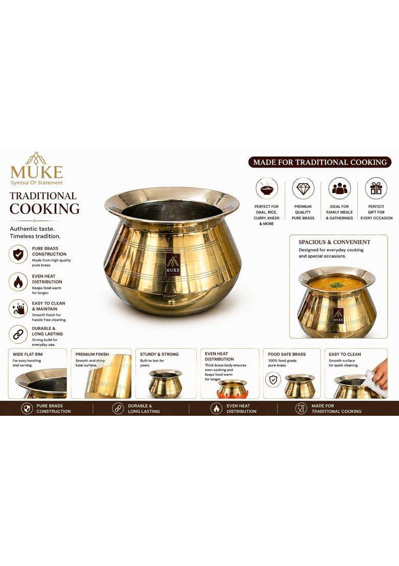 MUKE Small Brass Water Pot Degchi Handi Brass Kitchen Cooking Pot Vessel | 1.2 L | 1.3 Qt - Indya