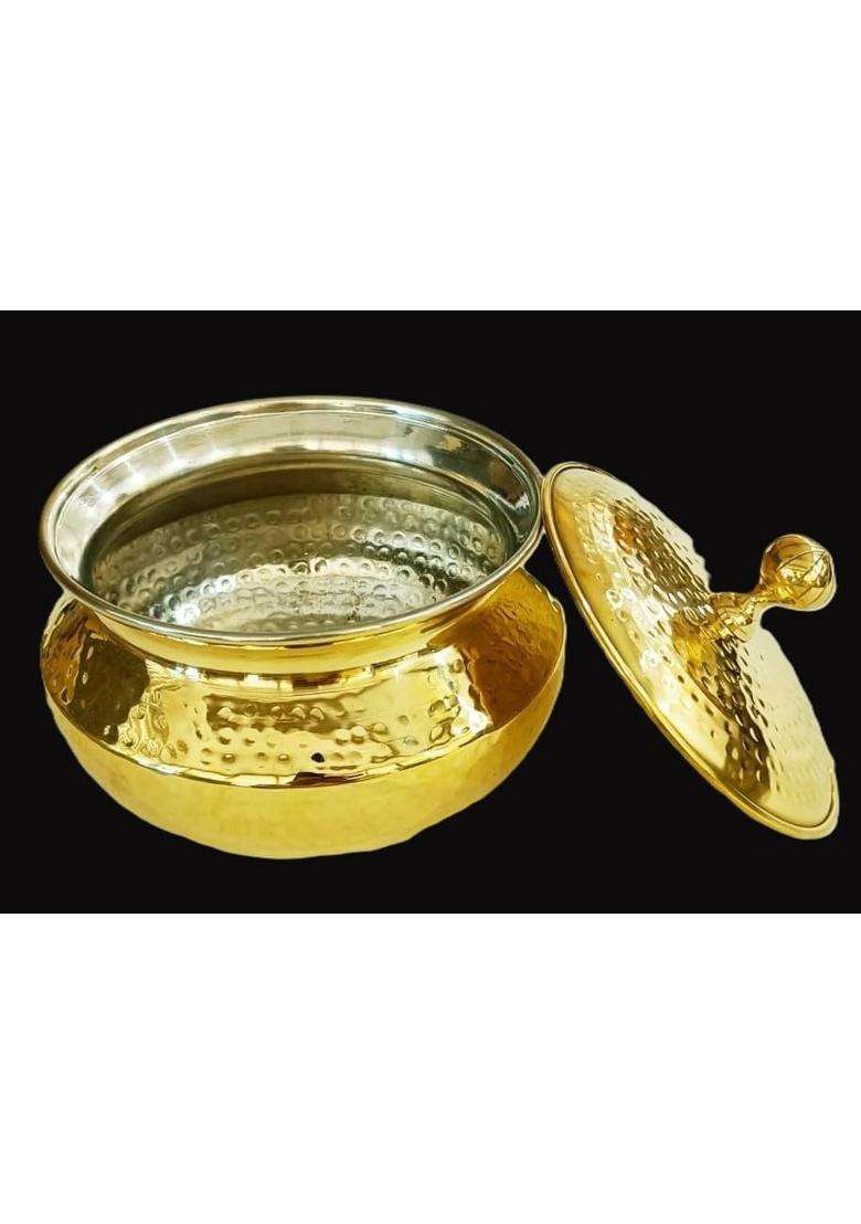 SHAAN mfg. Pure Brass Handi with Lid | 3 L | 3.2 Qt | Heavy Bottom | Hammered Finish - Indya