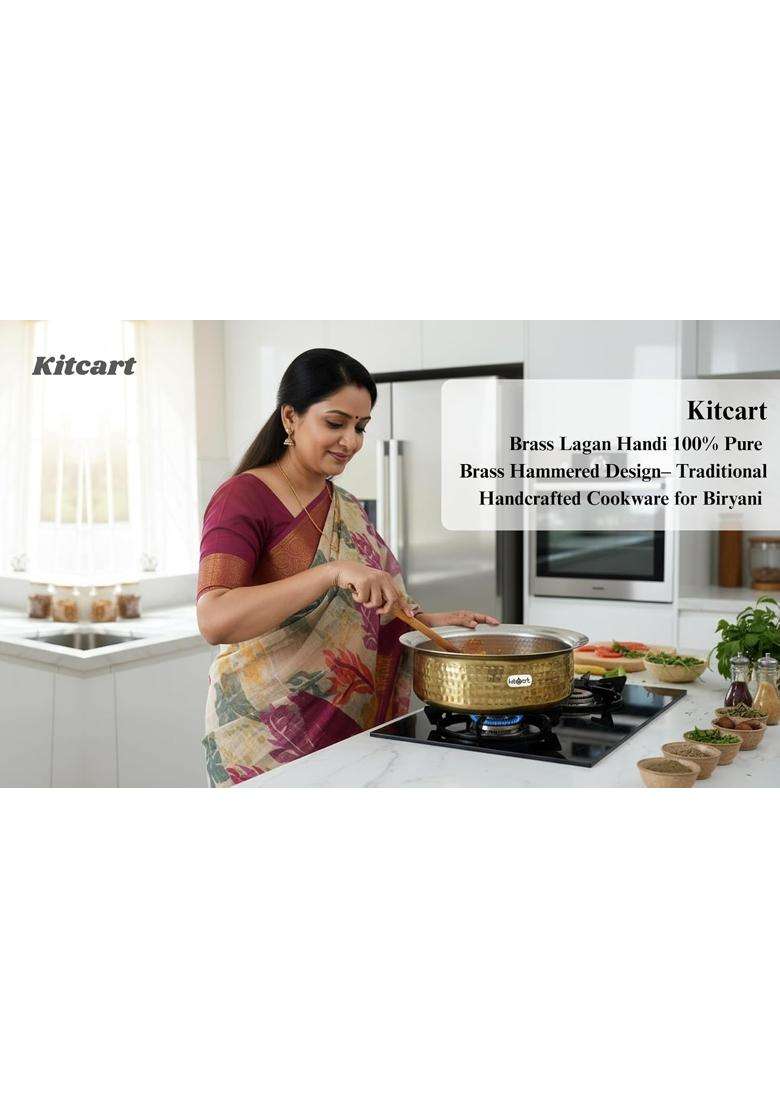 KITCART Brass Lagan Handi Cooking Pot 100 Pure Brass Hammered Design Traditional Handcrafted | 2 L | 2.1 Qt - Indya