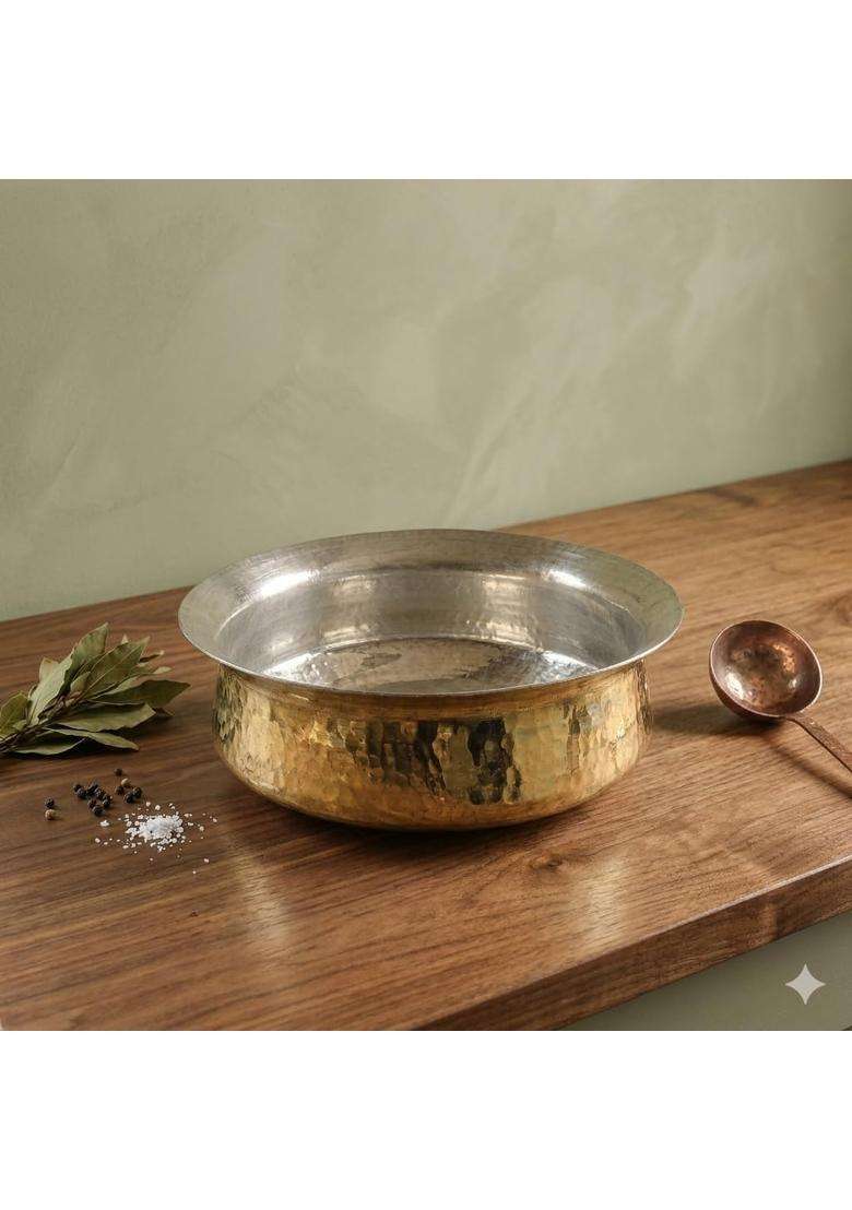 SHAAN mfg. New Pure Hammered Polished Brass Lagan Handi Patila Cooking Pot | 2.5 L | 2.6 Qt - Indya