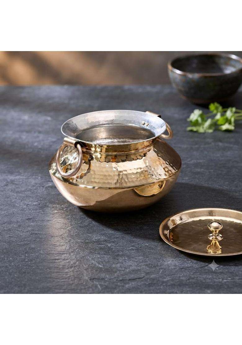 SHAAN mfg. Brass Patili Cooking Pot with Lid | 3 L | 3.2 Qt | Hammered Finish - Indya