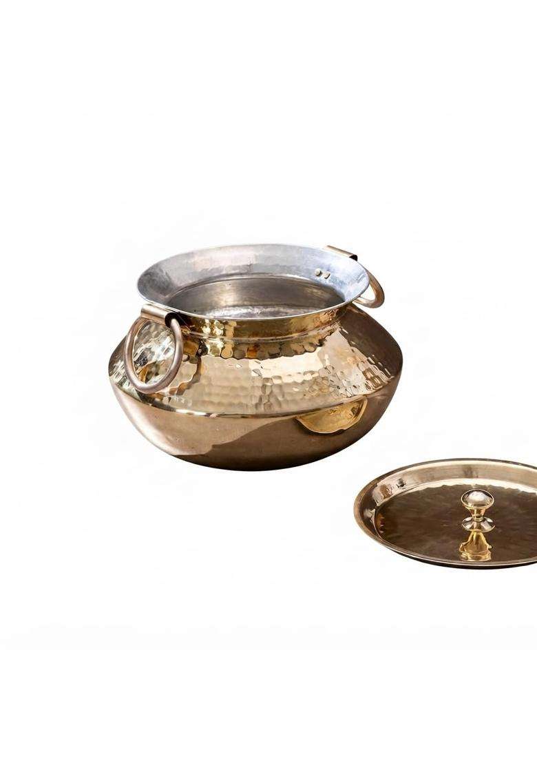 SHAAN mfg. Brass Patili Cooking Pot with Lid | 3 L | 3.2 Qt | Hammered Finish - Indya