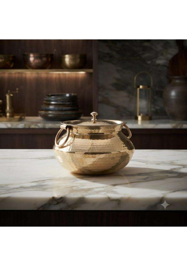 SHAAN mfg. Brass Patili Cooking Pot with Lid | 3 L | 3.2 Qt | Hammered Finish - Indya
