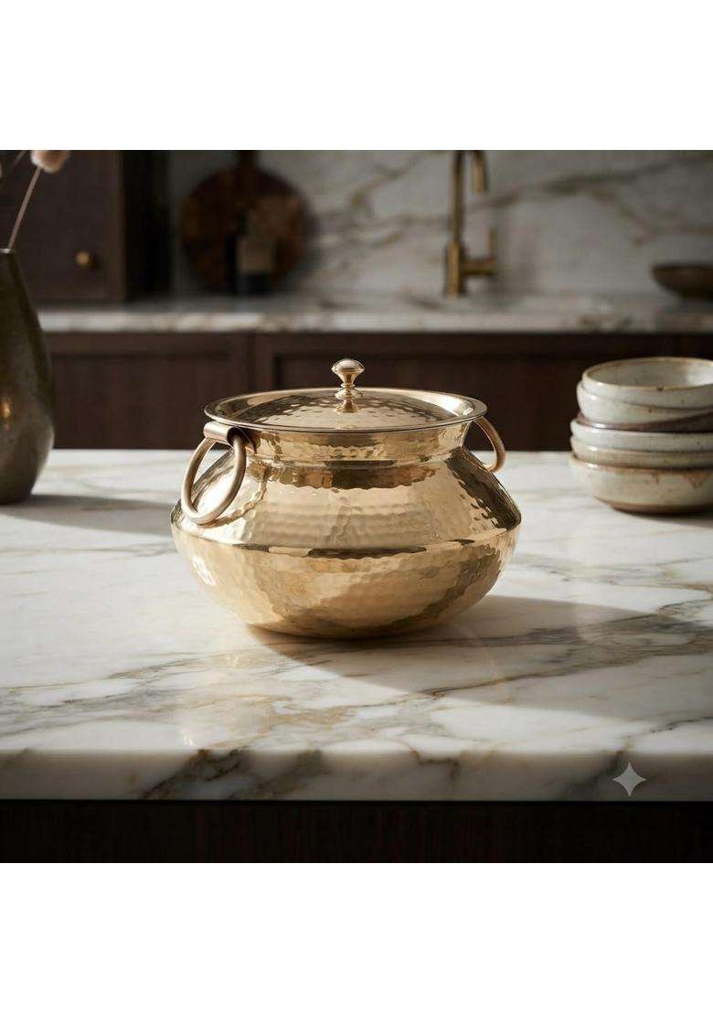 SHAAN mfg. Brass Patili Cooking Pot with Lid | 3 L | 3.2 Qt | Hammered Finish - Indya