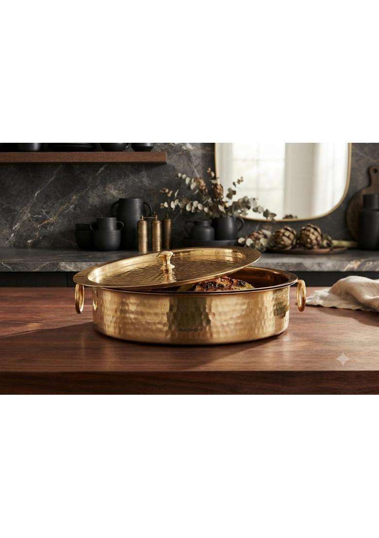 SHAAN mfg. Pure Hammered Polished Brass Lagan Handi with Lid Patila Cooking Pot | 4.5 L | 4.8 Qt - Indya