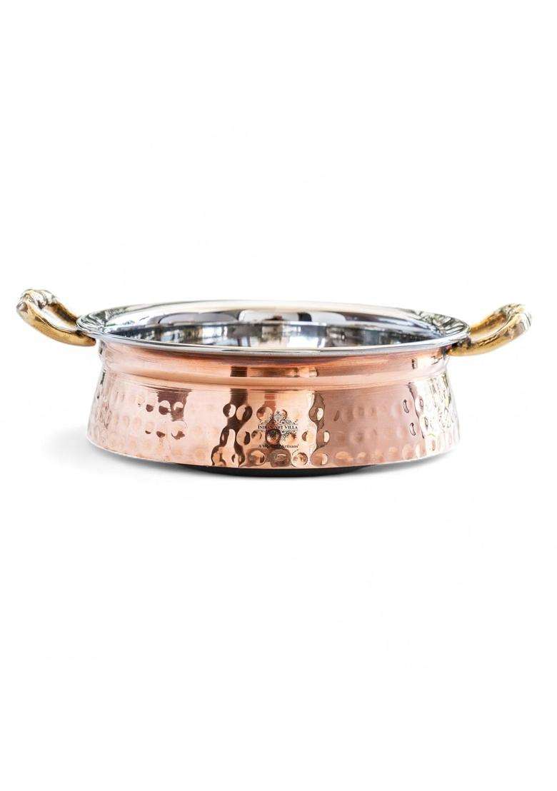 INDIAN ART VILLA Steel Copper Handi Cooking Pot Bowl | 0.4 L | 0.4 Qt | Induction Compatible | Hammered Finish - Indya