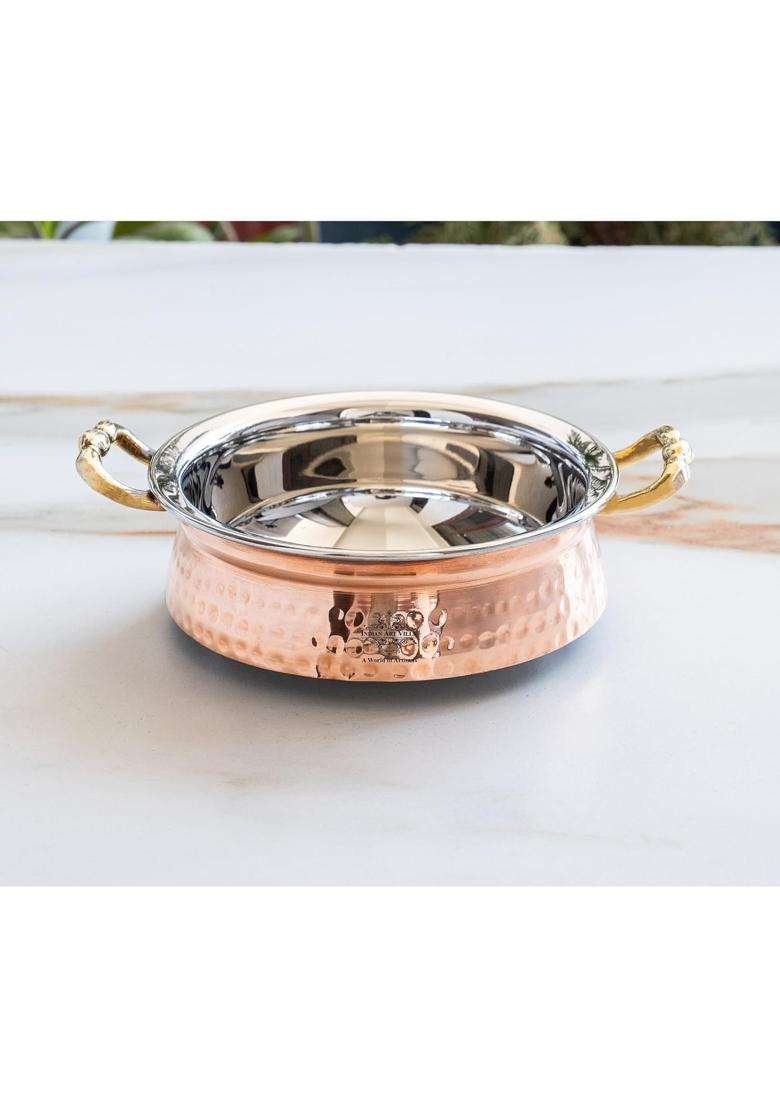 INDIAN ART VILLA Steel Copper Handi Cooking Pot Bowl | 0.4 L | 0.4 Qt | Induction Compatible | Hammered Finish - Indya