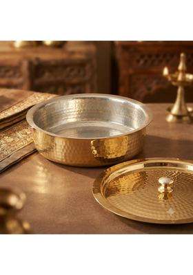 SHAAN mfg. New Brass Lagaan Tin Coated with Lid Pure Pital Degchi Cooking Pot for Cooking Biryani | 5 L | 5.3 Qt | Tin Lined Kalai