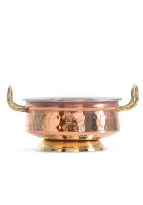 INDIAN ART VILLA Steel Copper Hammered Design Handi Cooking Pot Bowl Casserole with Brass Bottom and Handles