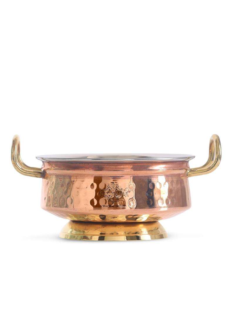 INDIAN ART VILLA Steel Copper Hammered Design Handi Cooking Pot Bowl Casserole with Brass Bottom and Handles - Indya
