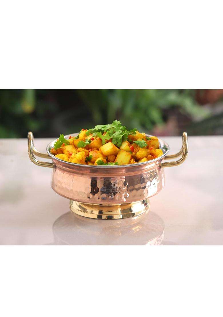 INDIAN ART VILLA Steel Copper Hammered Design Handi Cooking Pot Bowl Casserole with Brass Bottom and Handles - Indya