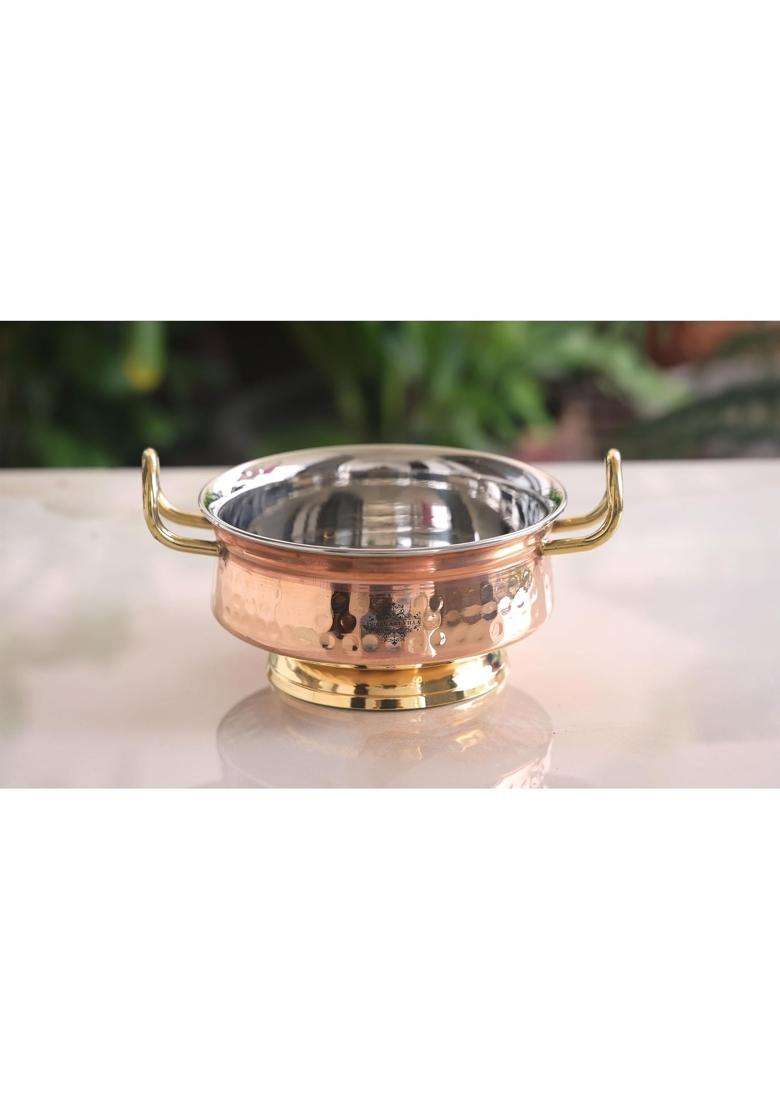 INDIAN ART VILLA Steel Copper Hammered Design Handi Cooking Pot Bowl Casserole with Brass Bottom and Handles - Indya