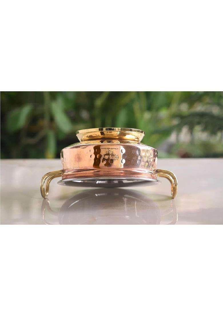 INDIAN ART VILLA Steel Copper Hammered Design Handi Cooking Pot Bowl Casserole with Brass Bottom and Handles - Indya