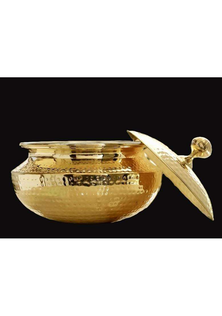 SHAAN mfg. Pure Brass Handi with Lid Hammered Heavy Bottom Cooking Pot | 2 L | 2.1 Qt - Indya