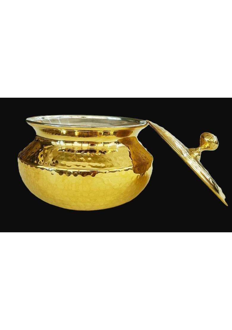 SHAAN mfg. Pure Brass Handi with Lid Hammered Heavy Bottom Cooking Pot | 2 L | 2.1 Qt - Indya