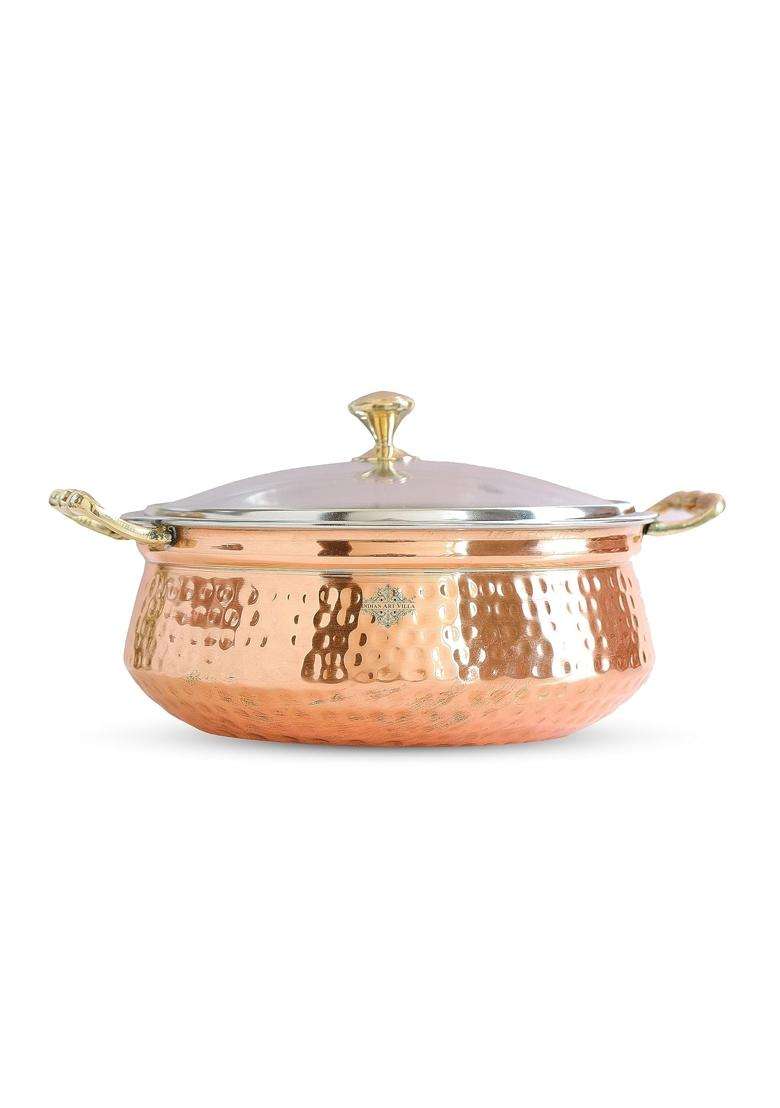 INDIAN ART VILLA Steel Copper Handi Cooking Pot Bowl Casserole | 500 ml | 16.9 fl oz | Hammered Finish - Indya