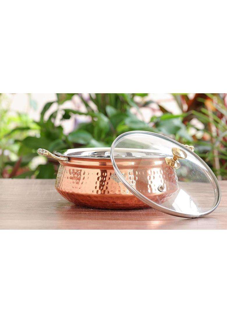 INDIAN ART VILLA Steel Copper Handi Cooking Pot Bowl Casserole | 500 ml | 16.9 fl oz | Hammered Finish - Indya