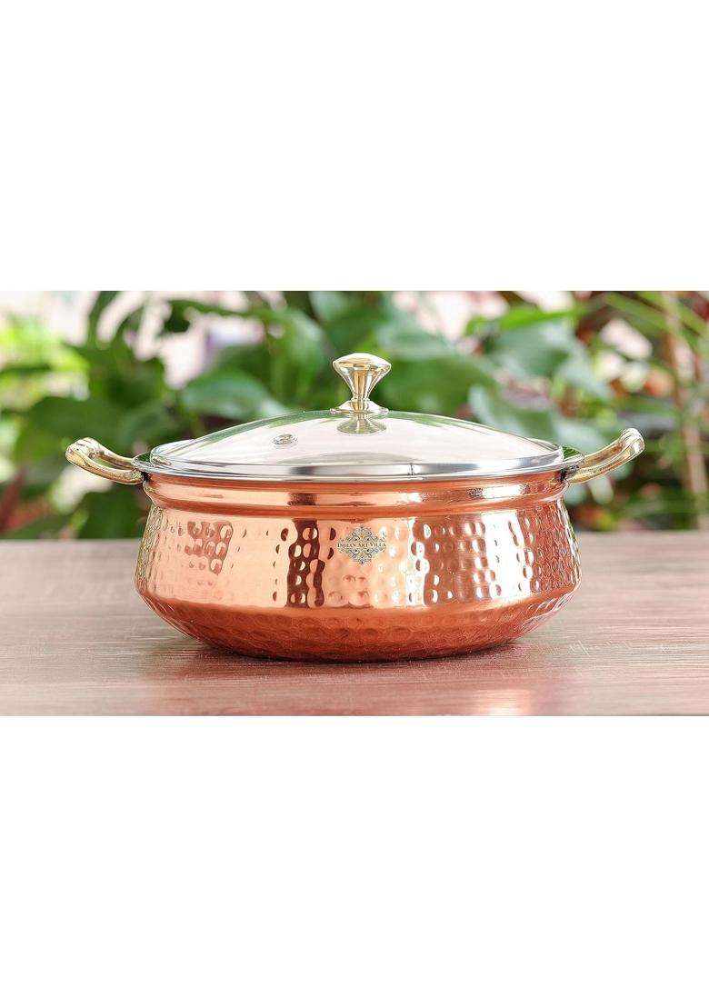 INDIAN ART VILLA Steel Copper Handi Cooking Pot Bowl Casserole | 500 ml | 16.9 fl oz | Hammered Finish - Indya