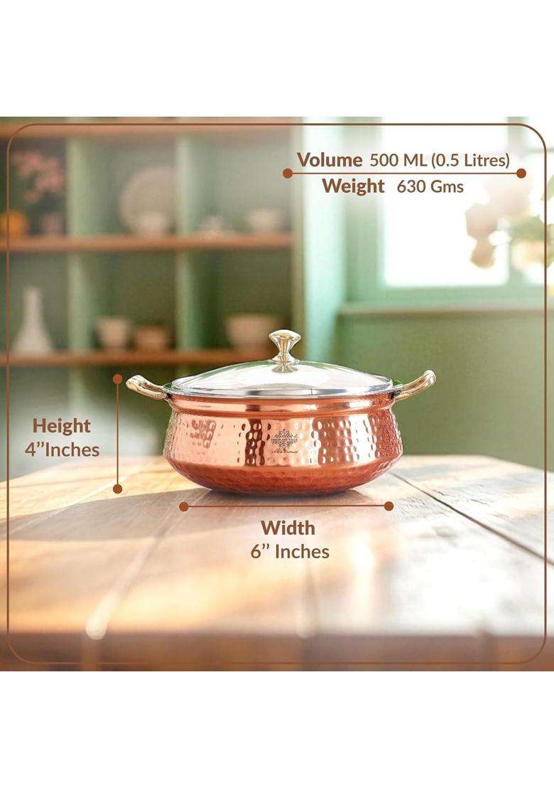 INDIAN ART VILLA Steel Copper Handi Cooking Pot Bowl Casserole | 500 ml | 16.9 fl oz | Hammered Finish - Indya