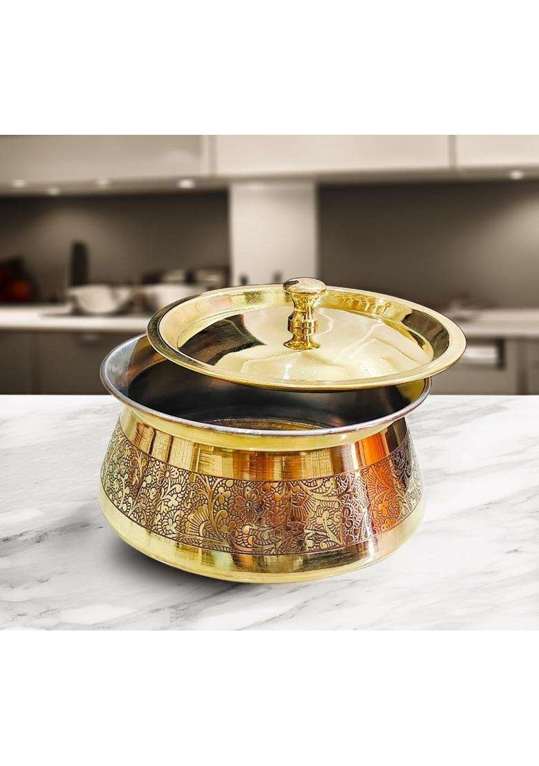 MORADABAD BRASS VILLA Brass Kitchen Appliances Cooking Serving Pot | 1000 ml | 33.8 fl oz | With Lid - Indya
