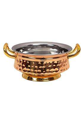 INDIAN ART VILLA Steel Copper Hammered Design Handi Cooking Pot Bowl Casserole with Brass Bottom and Handles